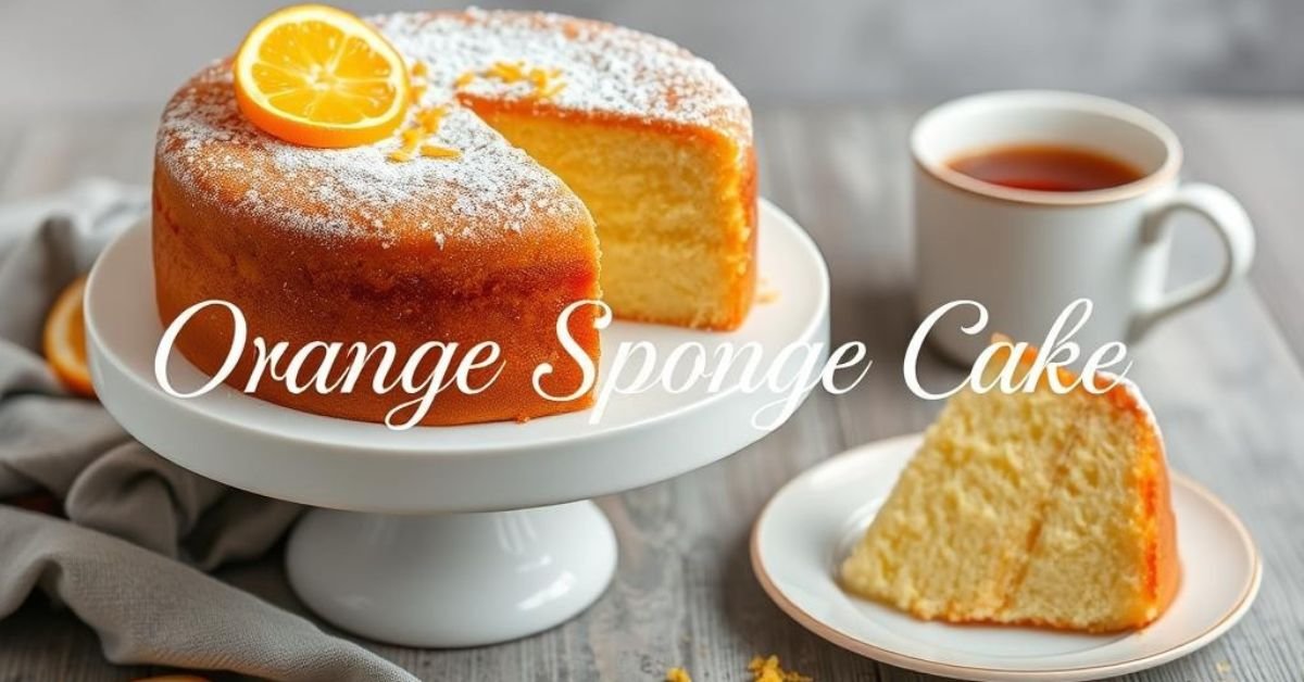 "A beautifully styled plate featuring a slice of Orange Sponge Cake, showcasing its soft, airy interior with a light golden crust. The slice should be dusted with powdered sugar and orange zest, and served on a white plate alongside a cup of tea or coffee. A fork should be placed next to the plate, and a linen napkin should be subtly placed to add a cozy and elegant touch."